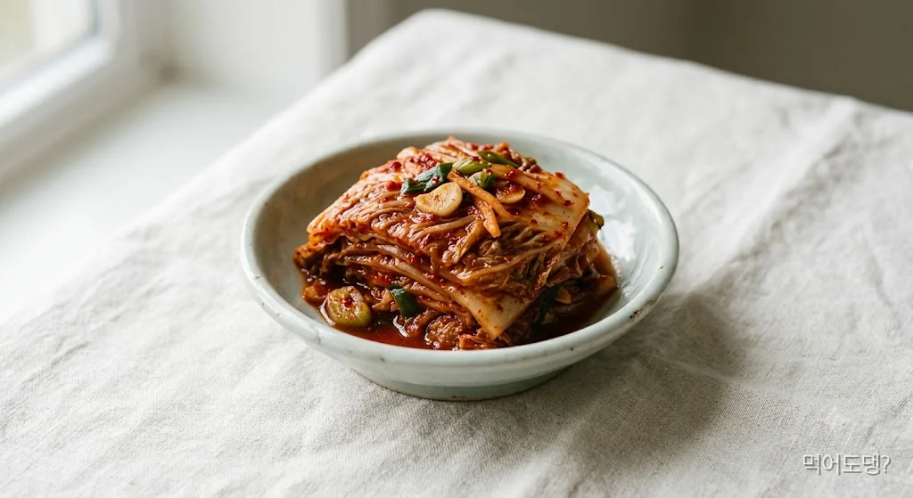 흰 그릇에 담긴 배추김치 한 접시 사진